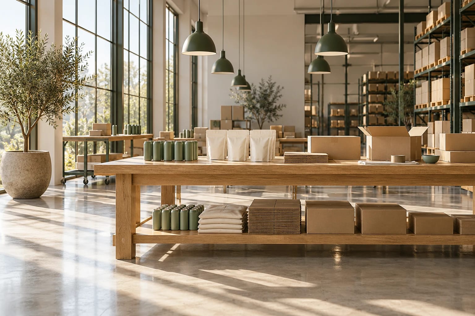 An orderly consumer goods packing studio with sage products, shipping cartons and natural light